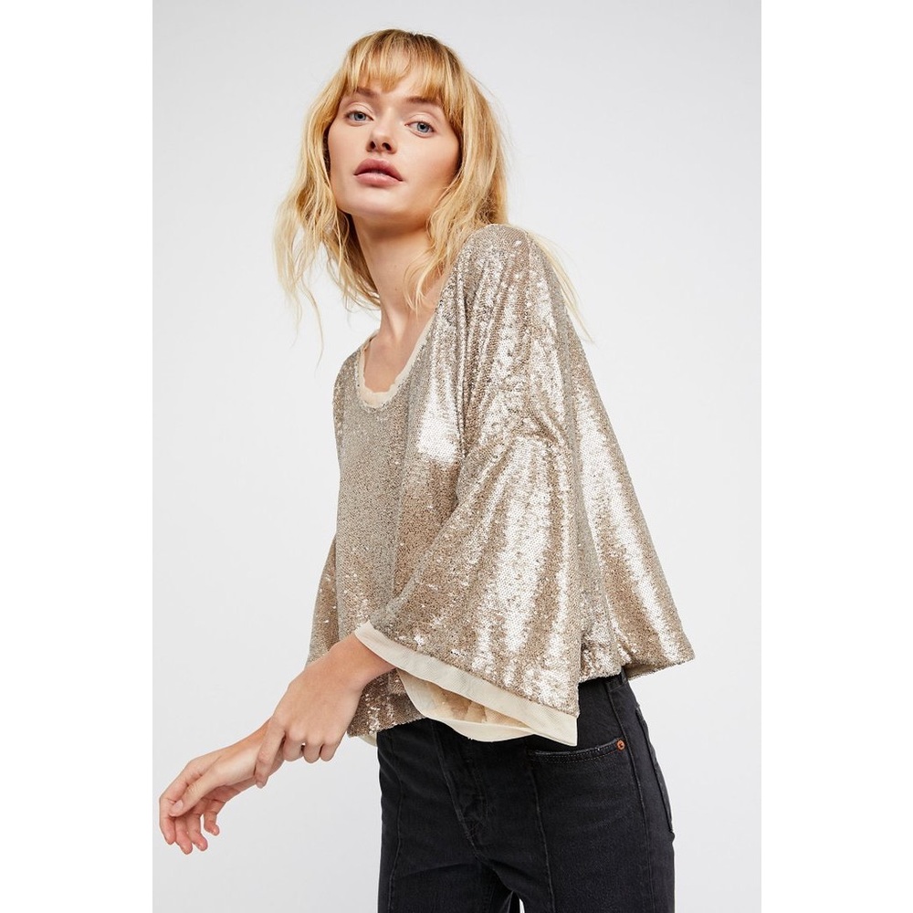 Free People Metallic Sequin Boxy Top in Champagne